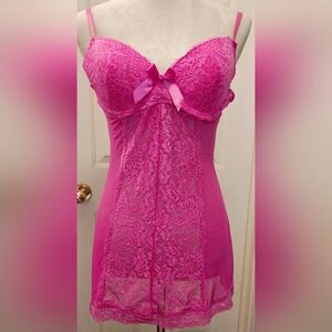 Y2K Native Intimates Bubblegum Pink Mesh Lace Lingerie Slip Dress w Bow Detail.